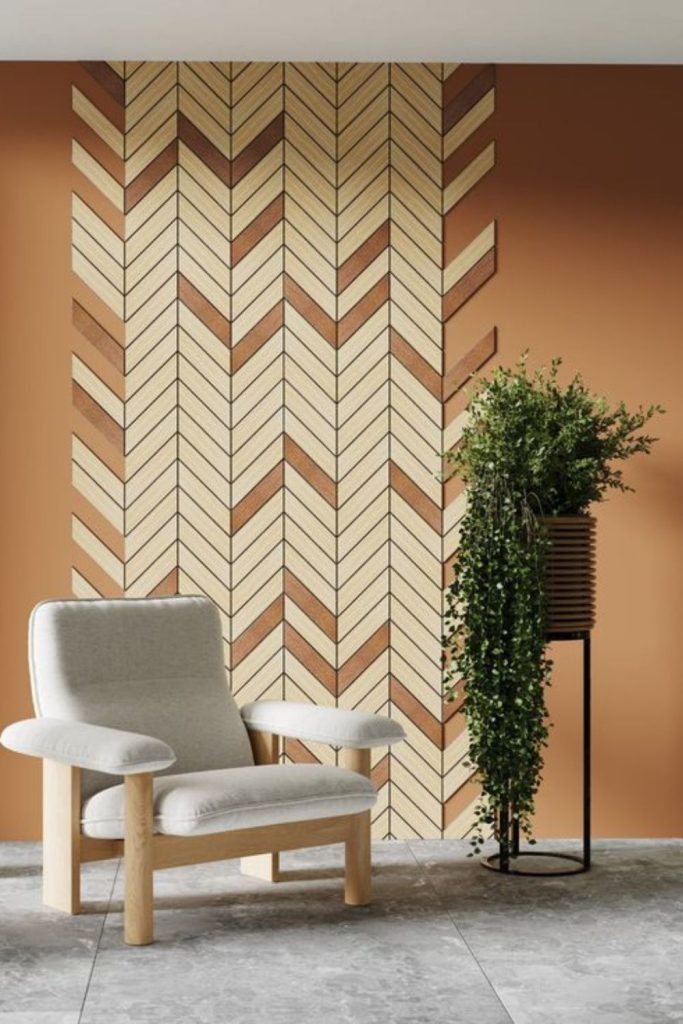 Weathered wood strips arranged in chevron pattern