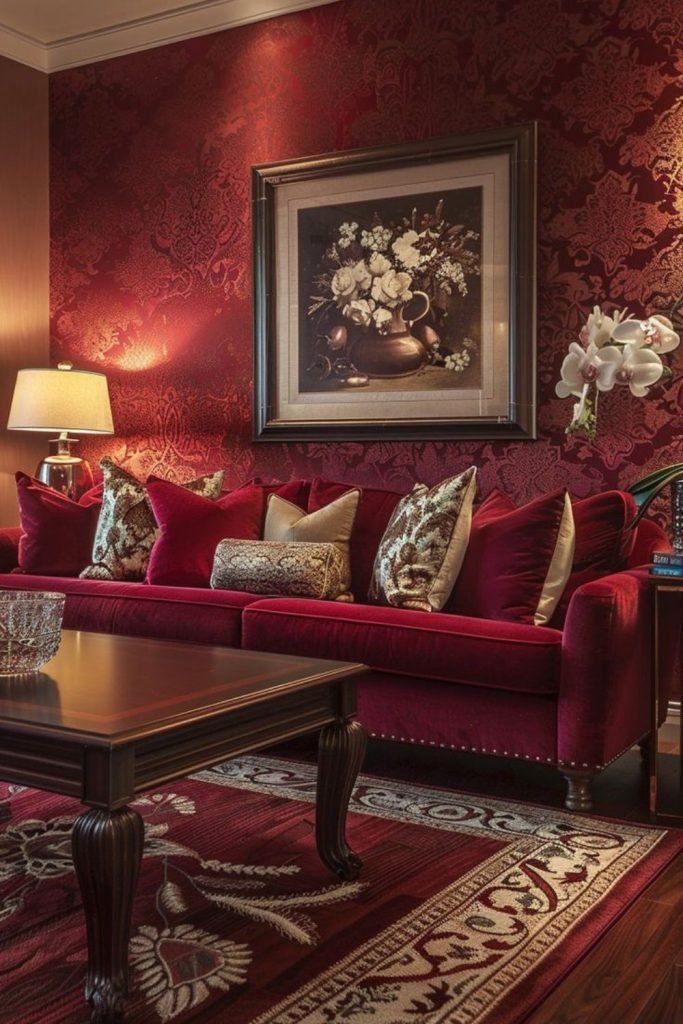 Regal burgundy parlor with velvet seating.