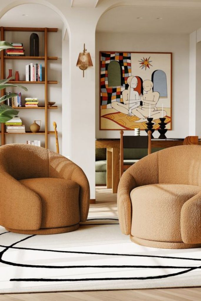 Curved armchairs with playful nostalgic accents.