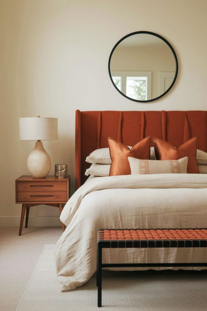 Clay colored mid century modern bedroom