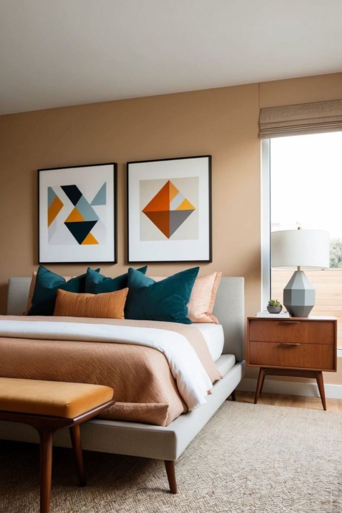 Dusk tone mid century modern bedroom