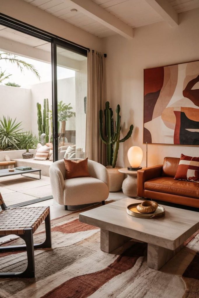 Curved retro furniture in rectangle room.