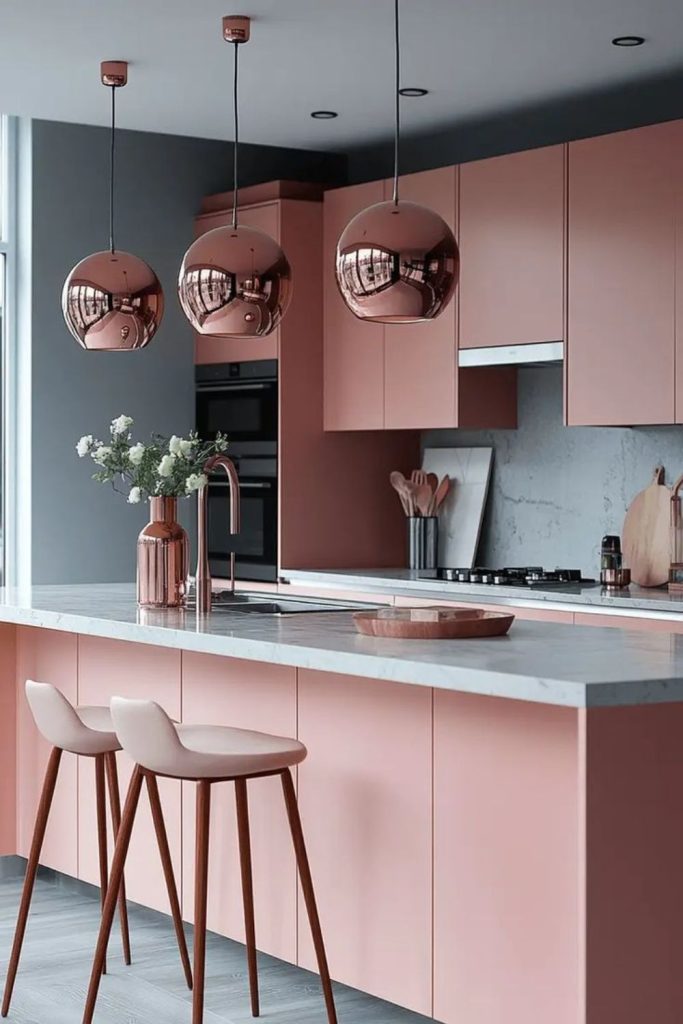 Minimalist blush kitchen with plants
