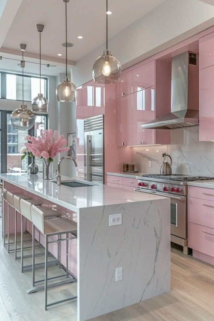 Pink kitchen with glass-front cabinets