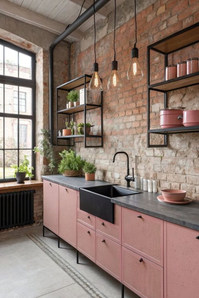 Industrial kitchen with pink accents