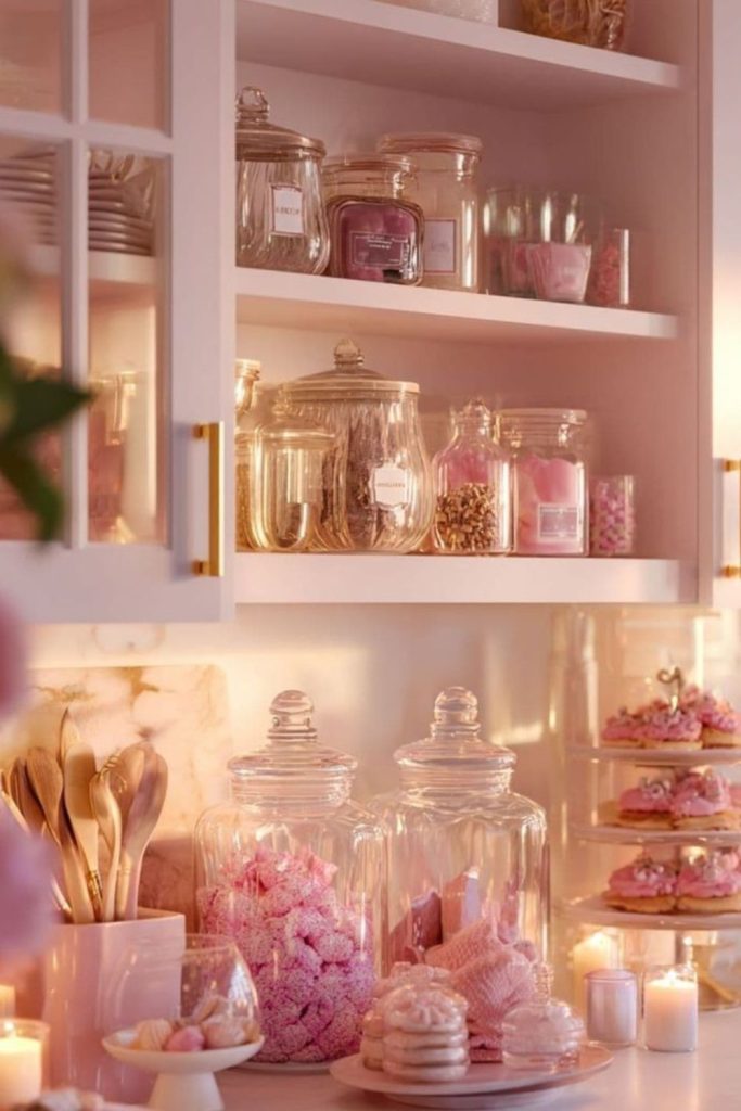 Soft pink pantry with stone countertops