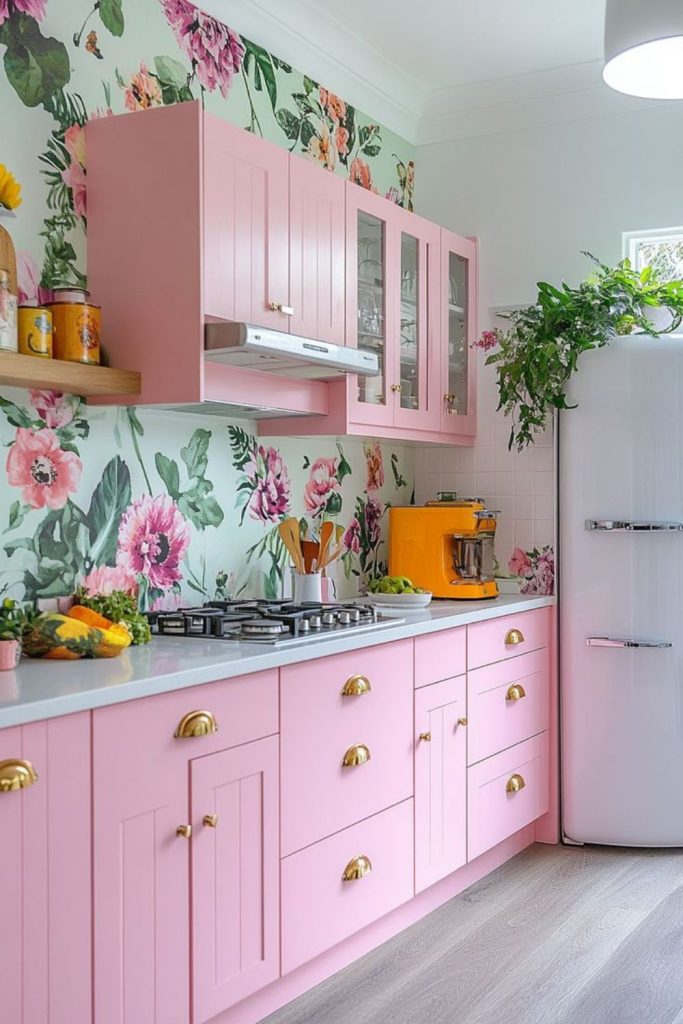 Glossy pink kitchen with cabinets