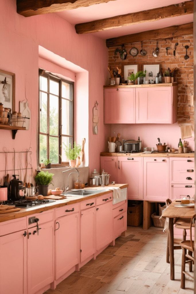 Rustic kitchen with dusty pink panels