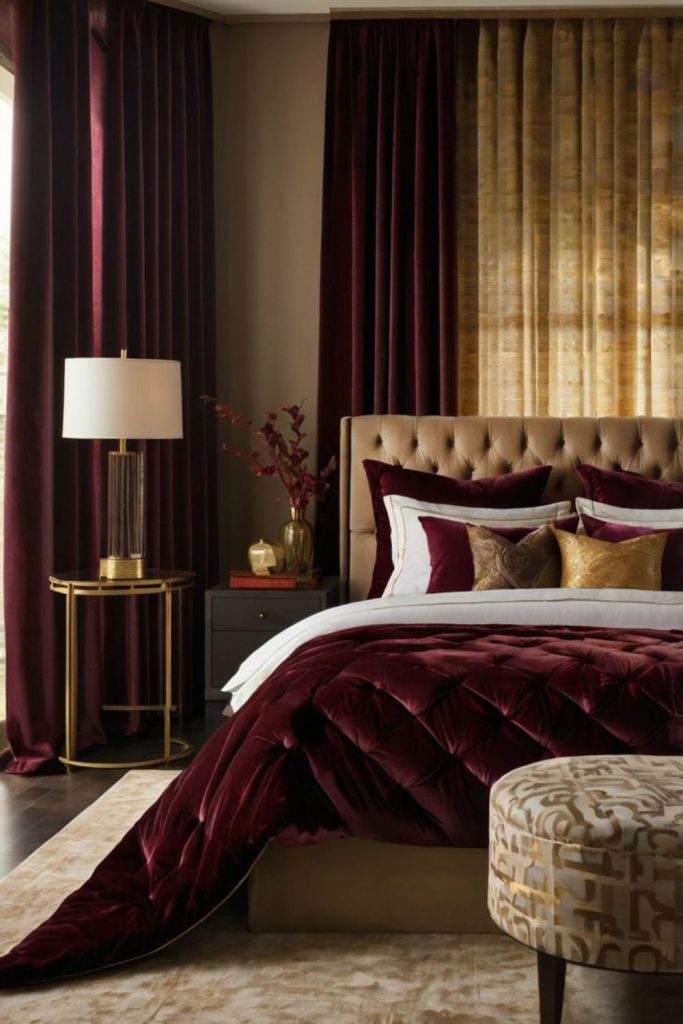 Rosewood burgundy bedroom with metallic accents.