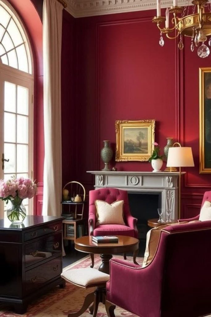 Ruby burgundy alcove with elegant fabrics.