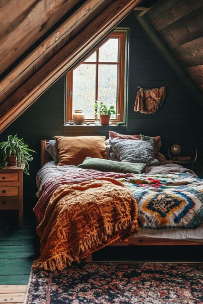 Cozy wooden beams patchwork quilt ambiance