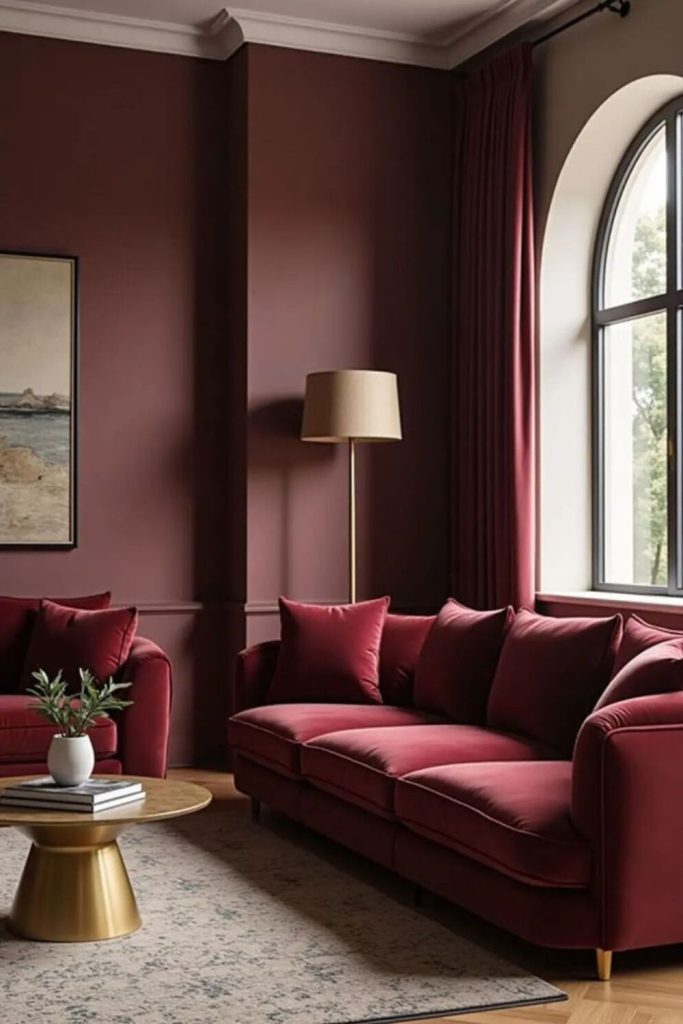 Rustic burgundy den with wooden elements.