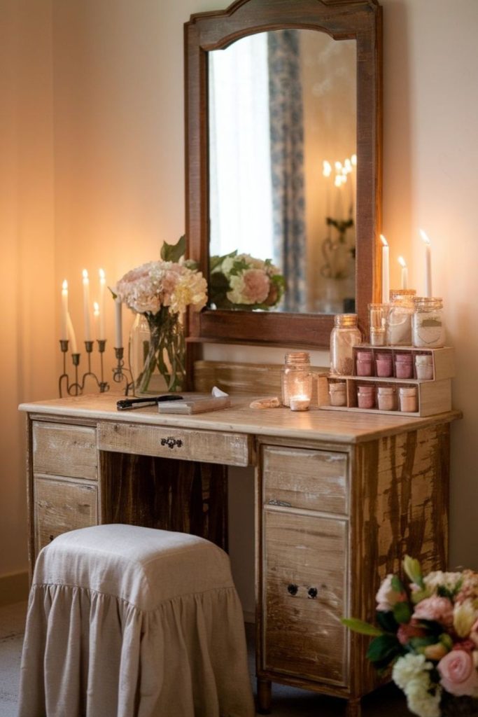 Cozy rustic wooden vanity setup