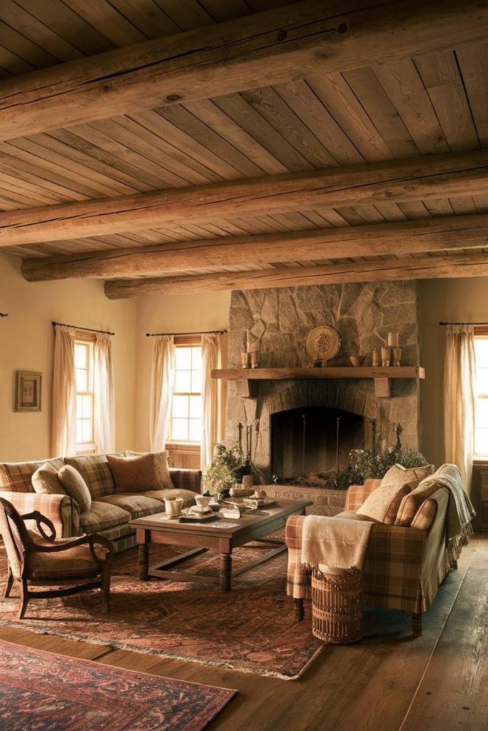 High ceiling rustic loft with warmth.