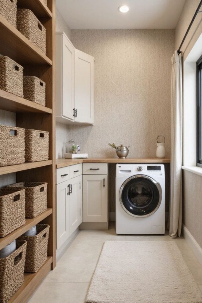 Rustic timber shelves clay baskets minimal