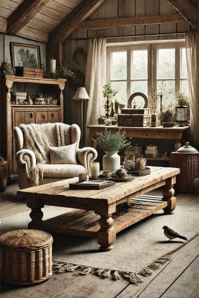 Patchwork timber walls inviting cozy vibe.