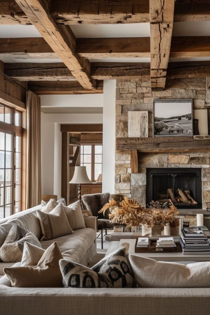 Rustic refuge interior with stone fireplace
