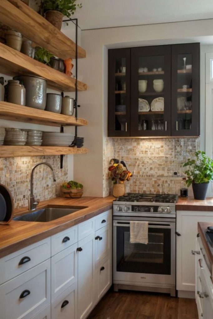 Distressed woods warm confined kitchen layout