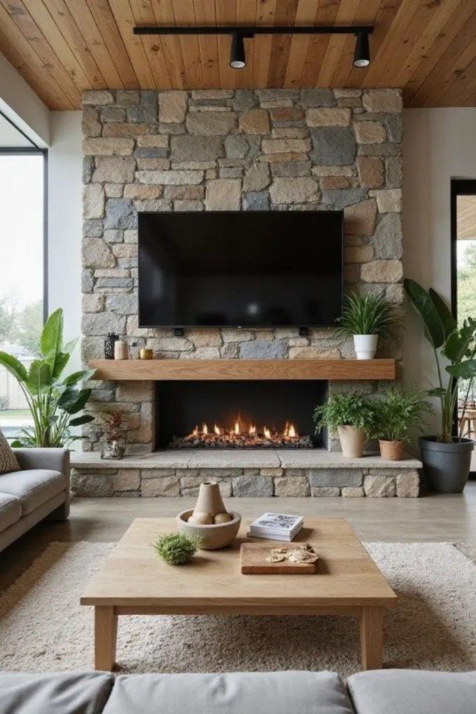 Stone tiles television warm cozy ambiance.