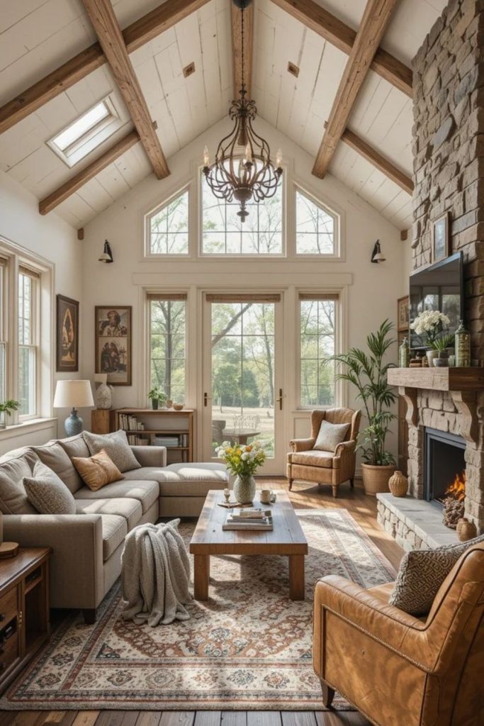 Golden rustic living room sunlight