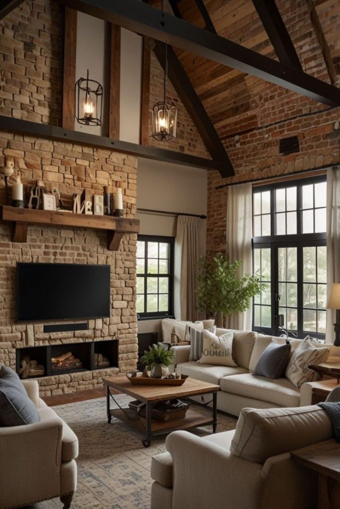 Twilight-lit rustic living room warmth.