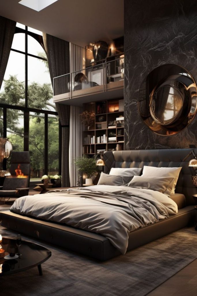 Loft bedroom with dark silk layers