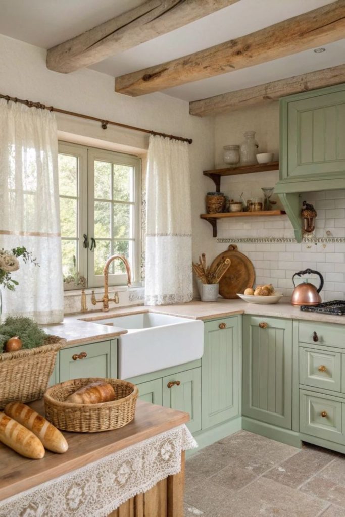 Sage-colored cabinets with frayed linens