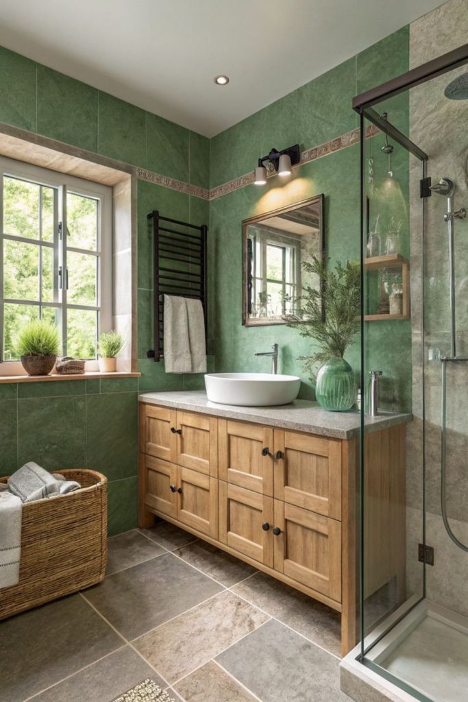 Sage-scented rustic wooden bathroom