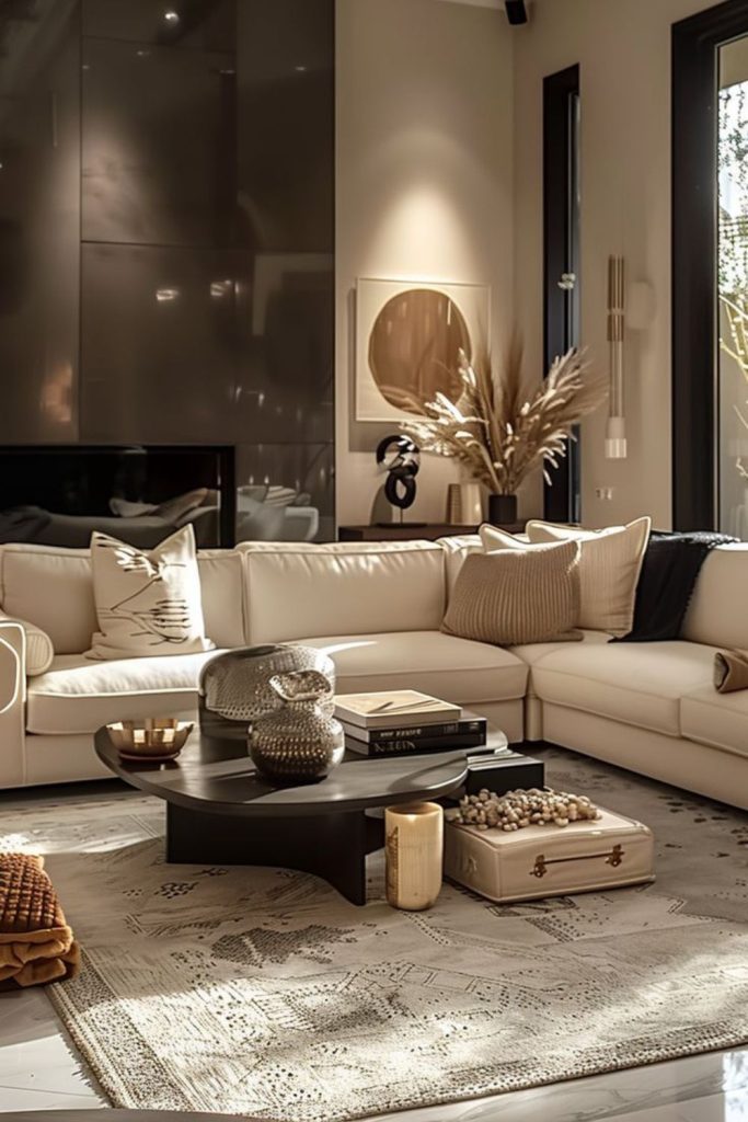 Modern sand beige den black sectional.
