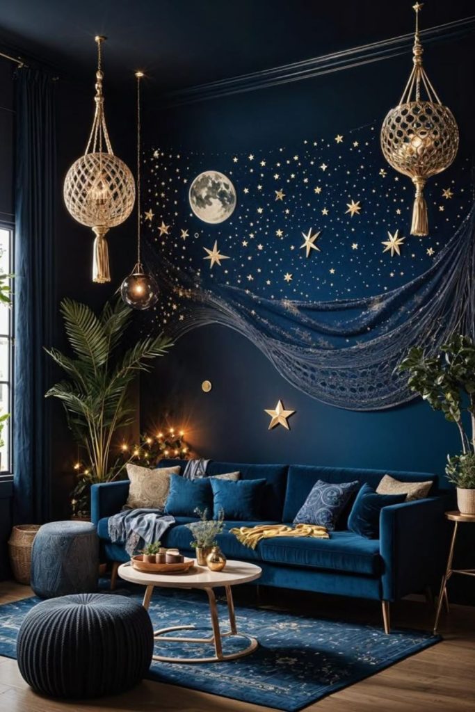 Sapphire panels low benches lanterns rugs jars