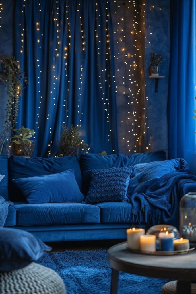 Sapphire panels low sofas lanterns glass jars