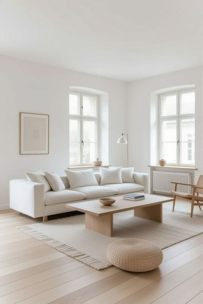 Pale wooden floors with functional minimalist furniture.