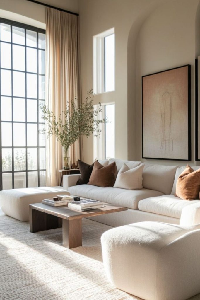 Neutral-toned living space with layered textures