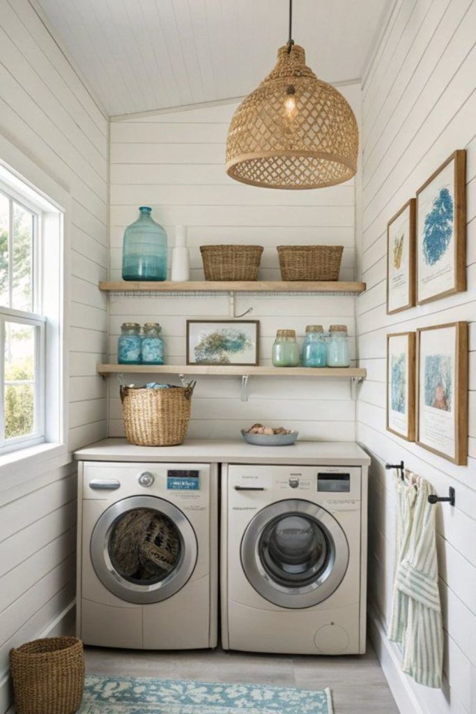 Coastal pale blue wicker baskets airy