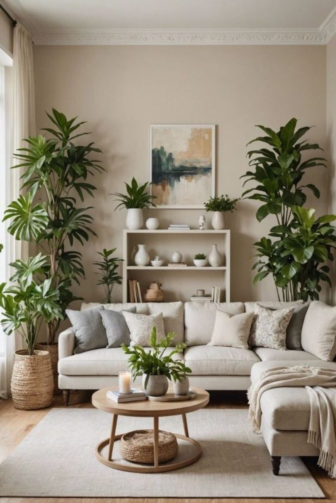 Beige walls with soft wood and plants
