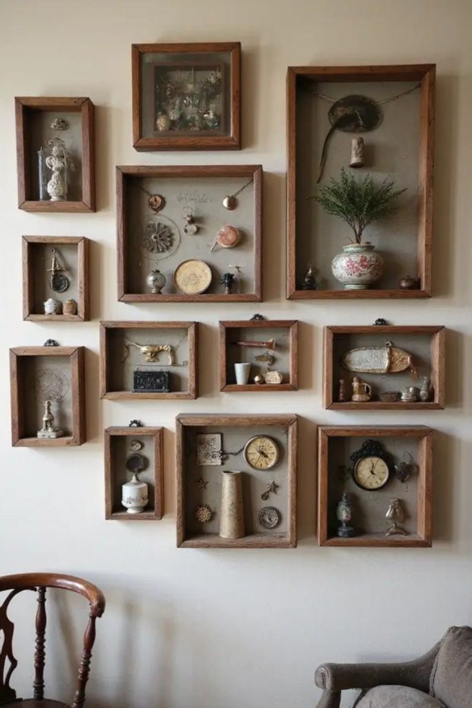 Eclectic objects displayed in shadow boxes