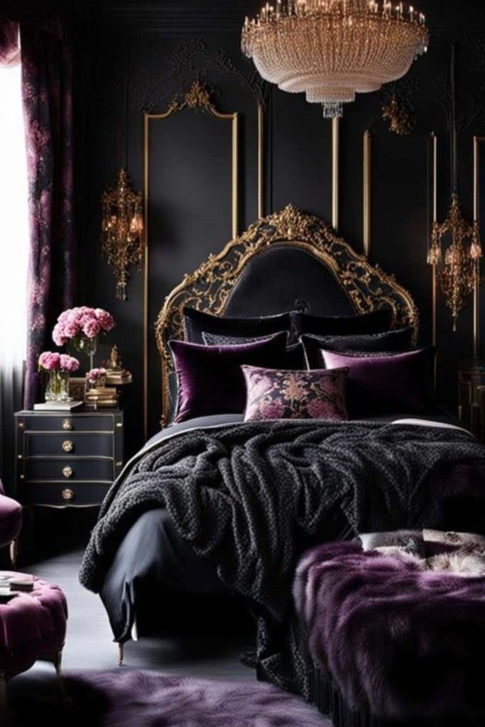 Deep plum bedroom with textured surfaces