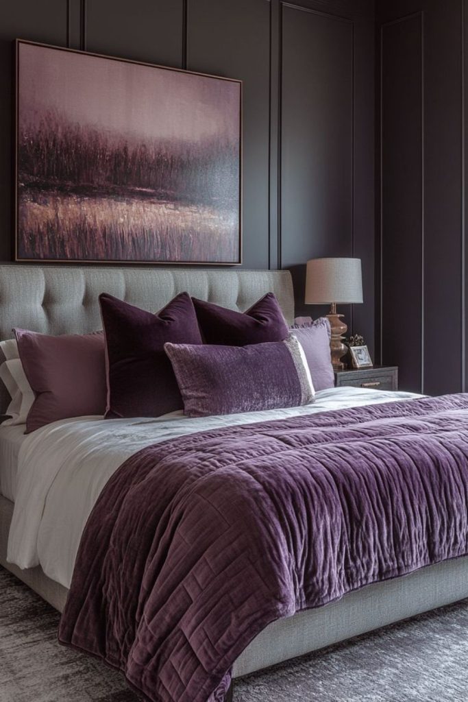 Lilac and charcoal moody bedroom