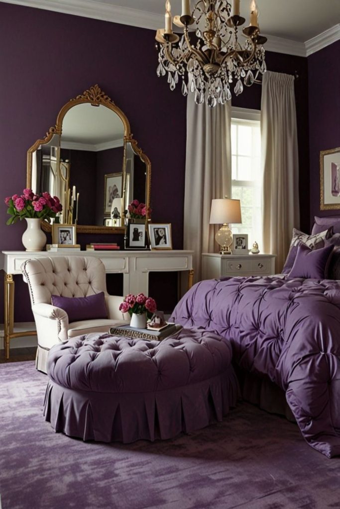 Deep violet bedroom with candlelit ambiance