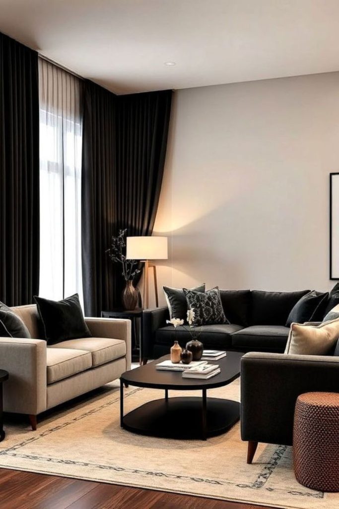 Cozy beige comfort room black trim.