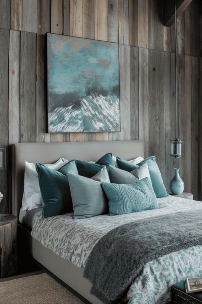 Blue-gray cozy timber bedroom retreat