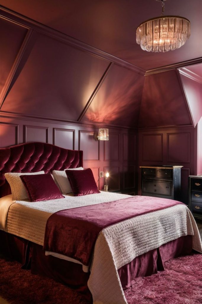 Smoky burgundy retreat with matte textures.