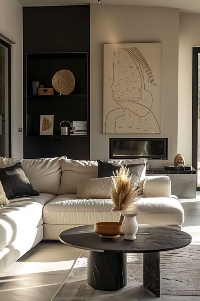 Airy linen beige lounge black mirrors.