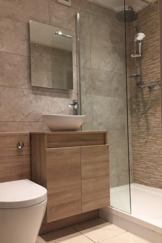 Beige warm serene small bathroom