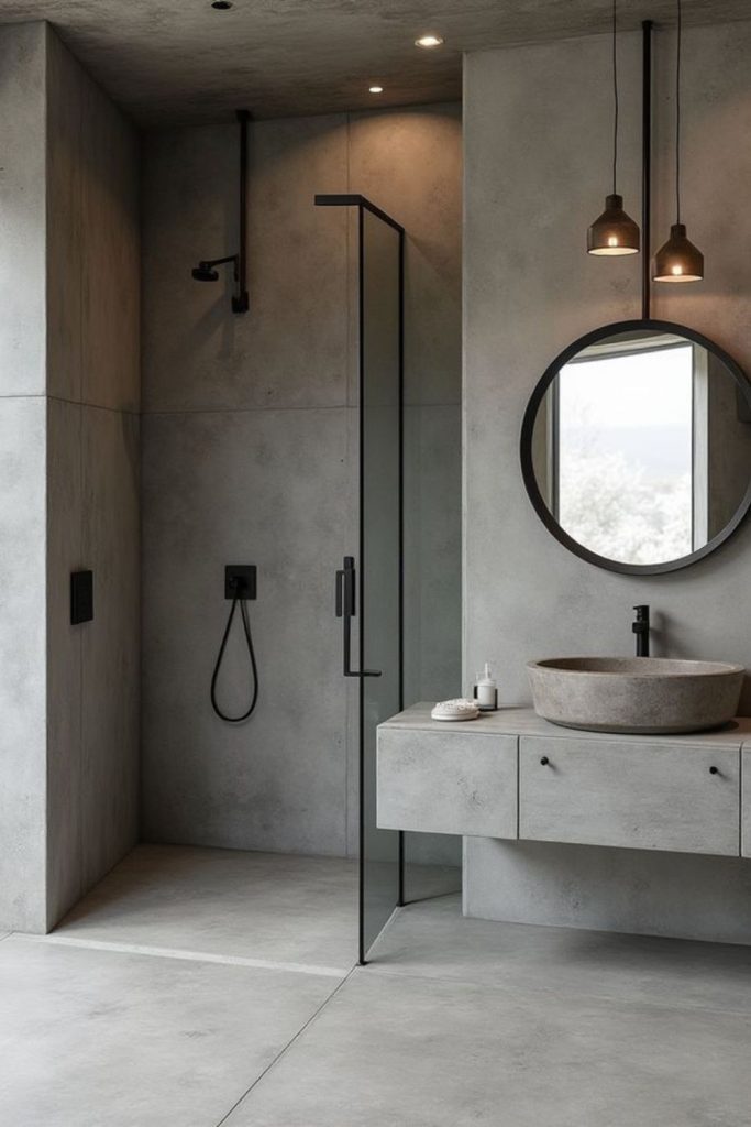 Minimal industrial concrete small bathroom