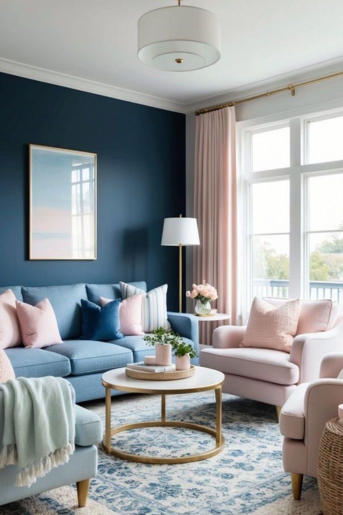 Muted pinks and blues with cozy accents