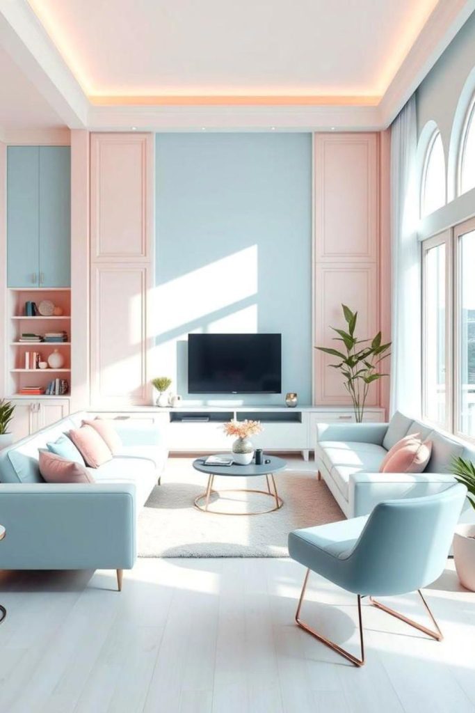 Pastel-colored long rectangle living room.