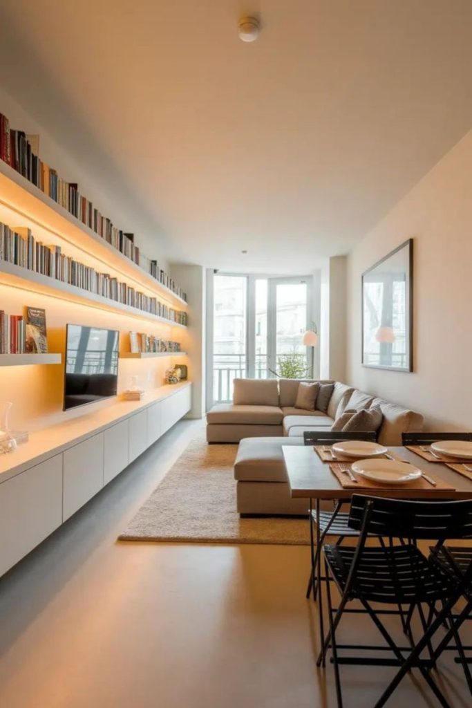 Long room with defined seating zones.