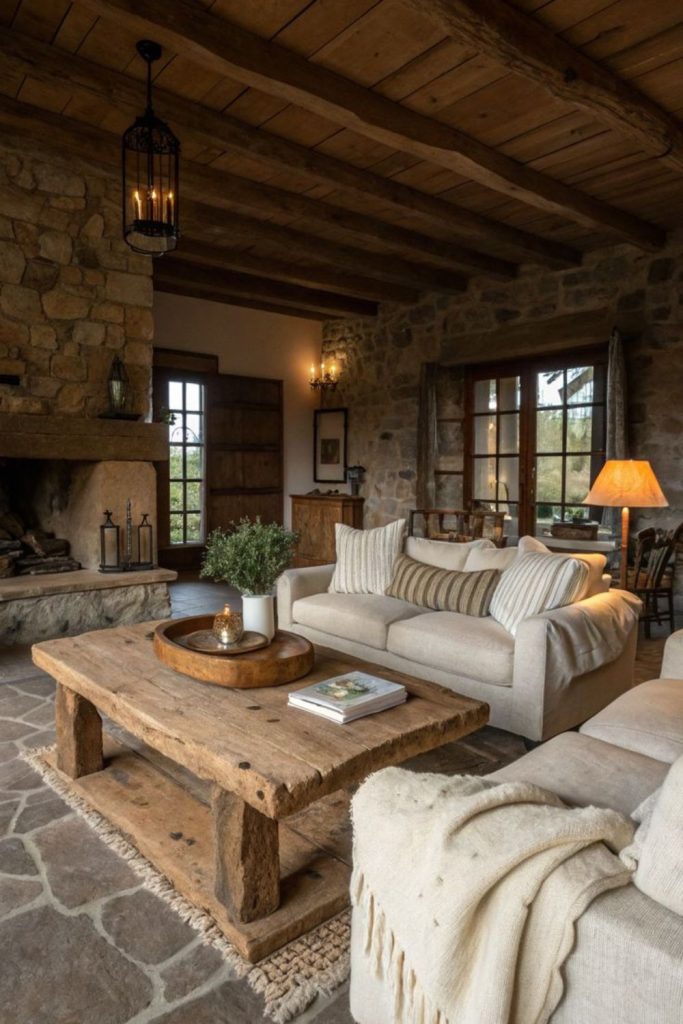 Stone fireplace and timber wall elegance.