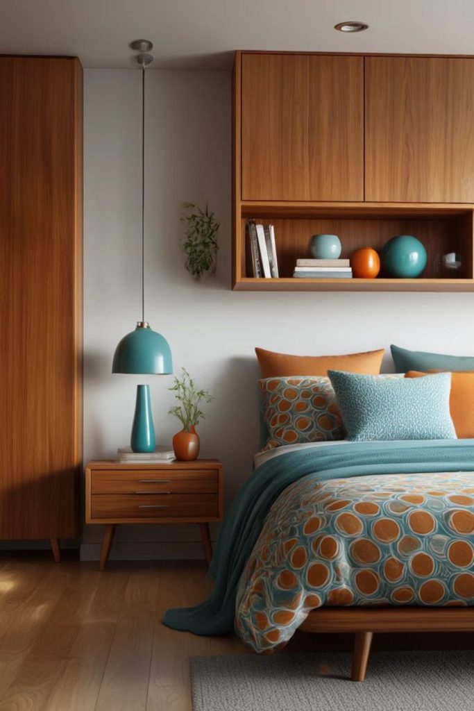 Stone accent mid century bedroom decor